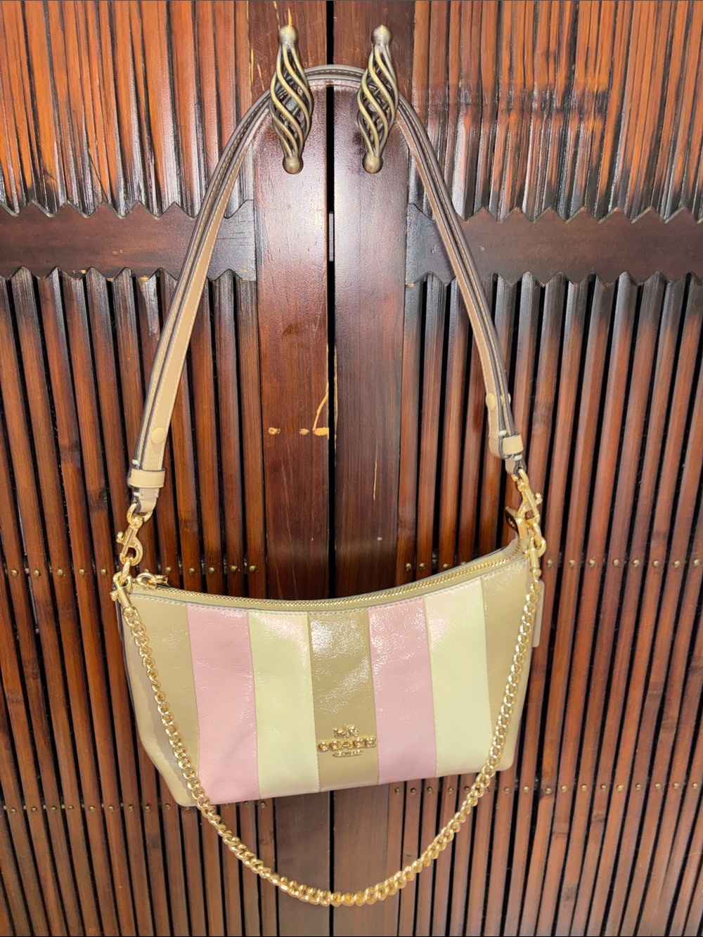 Coach Striped Leather Caitlin Shoulder Bag in Pink & Cream